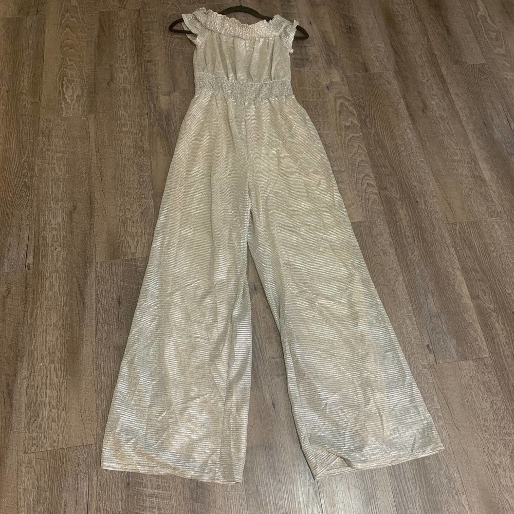 Line & Dot Womens Jumpsuit Size Small‎ Gold Metallic Off The Shoulder Lined